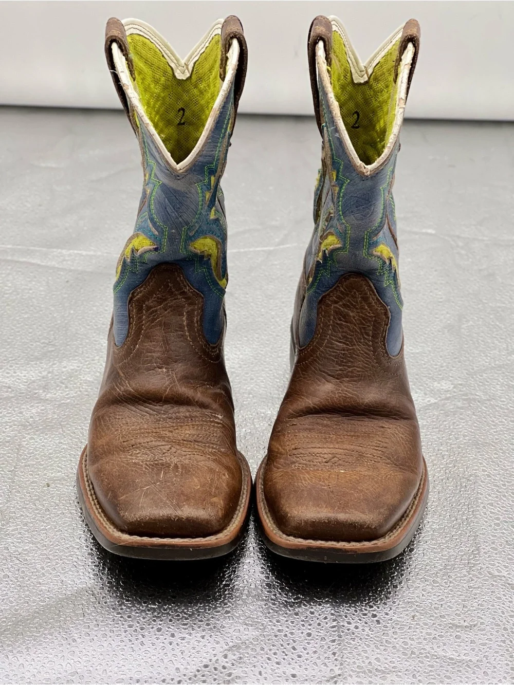 352 Ariat Brown Leather Kids Cowboy Boots with Blue & Yellow Embroidery